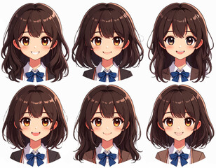 Cute anime girl character expressions set. Various expressions of anime schoolgirl. Set of anime girl character illustrations. Anime character emotions face expression set. Manga girl character faces
