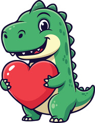 A green dinosaur holding a red heart cartoon illustration