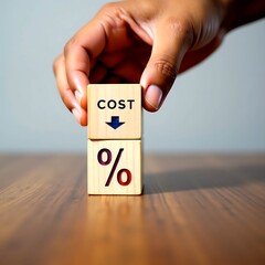 Hand placing wooden block with downward arrow above word cost with percentage symbol on table.