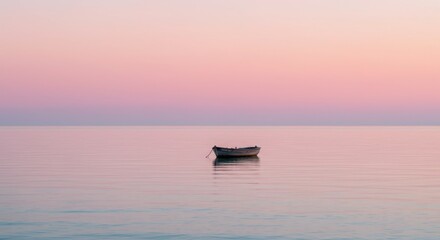Naklejka premium Small boat alone on water under pink sunset