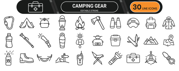 Camping Gear and Outdoor Adventure Line Icon Set for Nature Travel and Hiking Projects