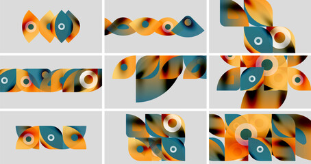Abstract geometric shapes, vibrant orange, teal hues. Nine panels display overlapping forms, circular elements, modern design.
