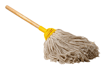 A beige-colored mop with a wooden handle and a yellow head