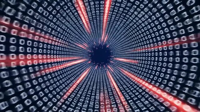 Binary code tunnel, data stream, digital background, futuristic tech concept