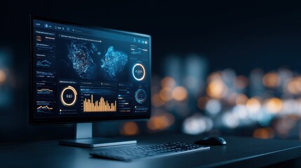 A sleek desktop setup with a widescreen monitor displaying data analytics and graphs in a dark-themed interface.