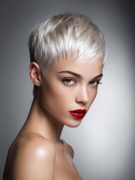 Elegant model with short platinum hair and bold red lipstick, showcasing timeless beauty in a sophisticated studio portrait.

