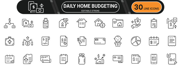 Daily Home Budgeting and Expense Tracking Line Icon Set for Household Financial Management