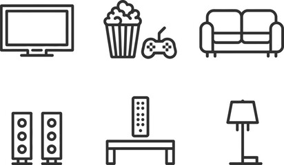 Outline Icons Of Living Room Furniture Like Television, Sofa, Popcorn, Gamepad © MDABDUS