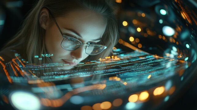 Woman studying holographic display, futuristic scene, possible use for technology or science fiction