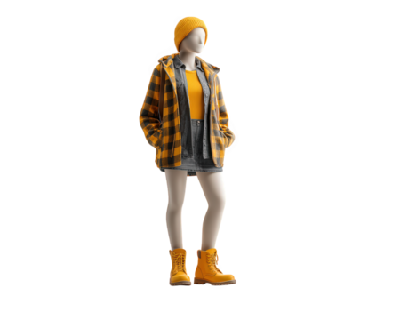 Yellow beanie, plaid jacket, orange shirt, denim skirt, and yellow boots on mannequin, casual autumn fashion style, youthful and trendy urban outfit