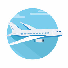 Fototapeta premium Cartoon illustration of a passenger jet in flight against a light blue sky.