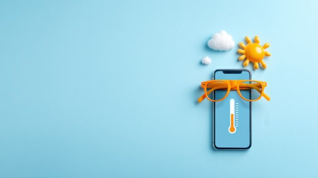 A smartphone displays a thermometer app, surrounded by small sun, cloud, and orange sunglasses models on a blue background.