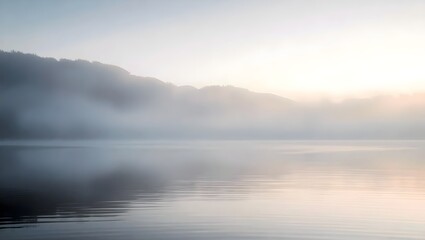 4K Ultra Sharp Calm Lake with Gentle Mist and Pale Blue Center for Peaceful Sunrise Text Background