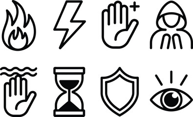 Outlined Iconography Set Fire, Lightning Bolt, Hand, Sand Clock, Eye on Transparent Background