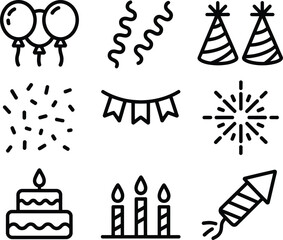 Party Celebration Outline Balloons, Streamers, Hats, Cake and Rocket on Transparent