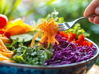 Hand Picking Up Colorful Salad with Fork