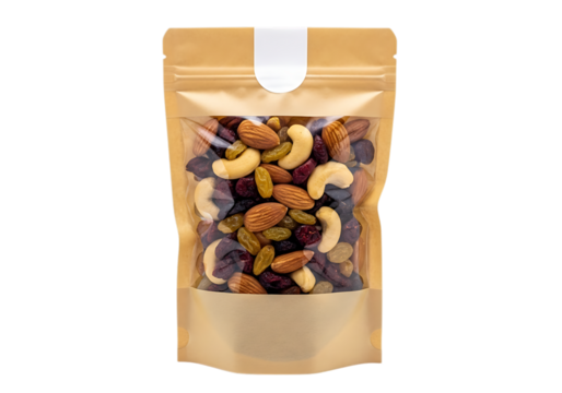 Trail mix in a brown package isolated on transparent background