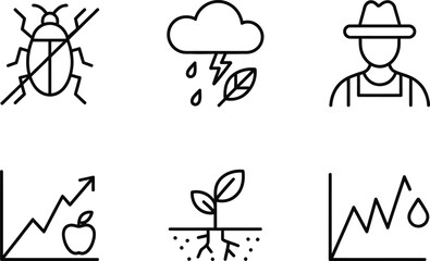 Set of Black Agriculture Icons with Plants, Farmer, Lightning, Bug, and Charts