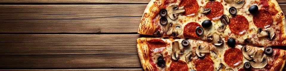 Delicious pepperoni pizza with mushrooms and olives, sliced and displayed on a rustic wooden table.