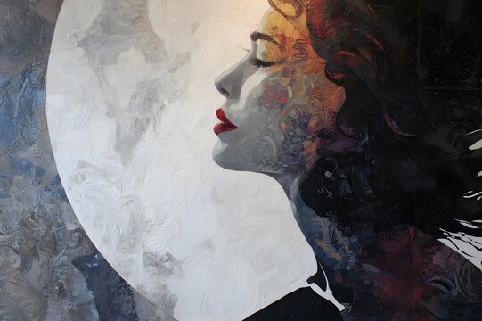 A delicate compositional work of art that embodies the essence of duality. The silhouette of a woman standing tall, her figure elegant, her face designed with delicate brushstrokes and crimson red lip