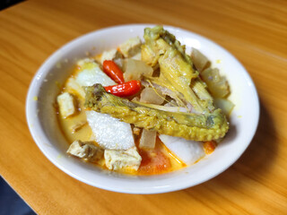 Traditional Indonesian vegetable lontong dish. Lontong opor ayam with sliced chayote, carrots, tofu and sliced red chilies, served in a white ceramic bowl on a wooden table.