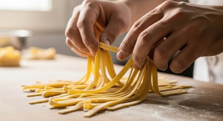 Fresh Pasta Preparation: Hands Gently Lifting Homemade Tagliatelle Noodles