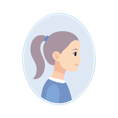 Obraz premium Cute cartoon girl with ponytail in profile. Vector illustration of a smiling child's headshot in an oval frame.