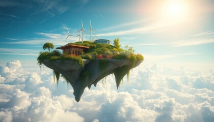 Obraz premium Island made entirely of plants and renewable technology, floating in the sky, bright and dreamy atmosphere