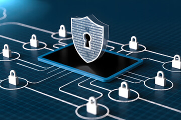 Digital shield with keyhole protects network data, showcasing cybersecurity and data protection.