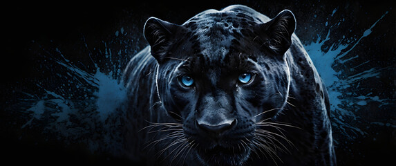 Panthère noire en position d’attaque, yeux bleus lumineux, isolée sur fond noir texturé avec éclats bleus – ambiance glacée et tension extrême.