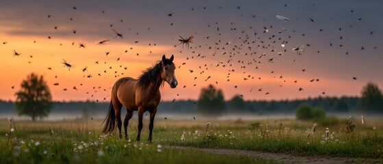 Horse at sunrise in a field with birds