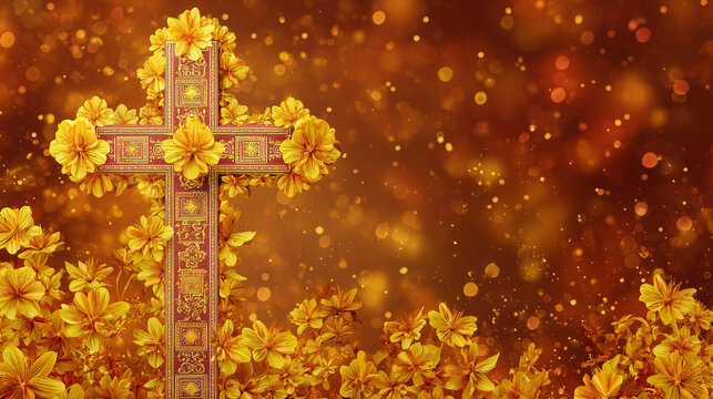 Meskel, ethiopian religious banner, cross decorated with yellow meskel flowers