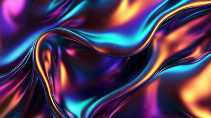 Fototapeta premium An abstract background with flowing, iridescent metallic fabric. Glossy, wavy textures in futuristic purple, blue, and orange.