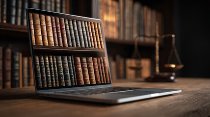 Laptop displaying virtual library of legal books symbolizes remote legal consultation