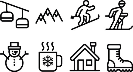 Winter icons set with lift, skier, mountains, snowman, hot drink, house, and boot