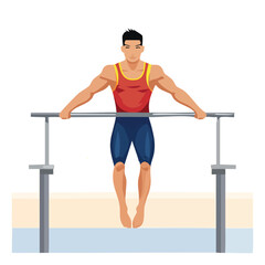 Naklejka premium Vector illustration of a male gymnast executing a support hold on parallel bars during a workout session.