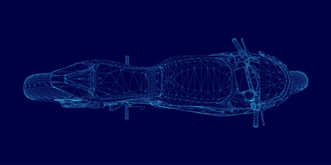A detailed 3D wireframe model of a motorbike on a solid blue background, showcasing the intricate mechanical structure. The blueprint-style rendering highlights the frame, wheels.