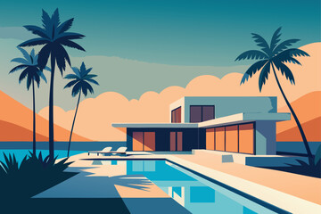 luxury beachfront villa with palm trees and pool  .eps