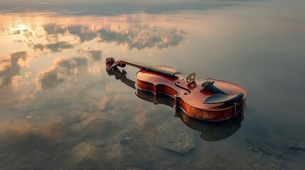 Violin Floating in Tranquil Waters at Sunset
