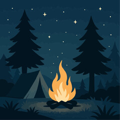 Vector illustration of a decorated Christmas tree with burning candles in a snowy winter forest at night