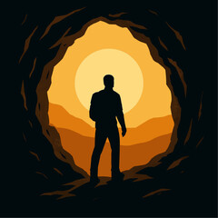 A businessman's dark silhouette stands in a forest, his body a shadow against the sunset sky