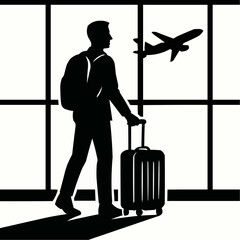 Silhouette of a businessman with a suitcase, standing and waiting for his flight at the airport