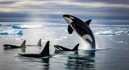 Obraz premium Slow motion of Killer whales (Orcinus orca) swimming and breaching on surface of oceanic water natural habitat, Antarctica. 