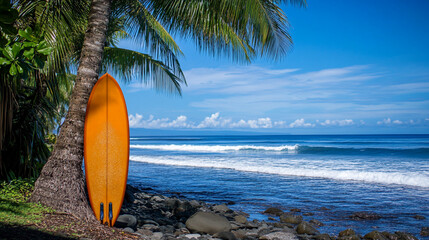 Obraz premium Orange surfboard leaning against palm tree on a rocky beach with ocean waves and a blue sky view scene