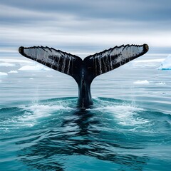 A humpback whale (Megaptera novaeangliae) tail streams water off it as it dives under the sea, Antarctic Peninsula, Antarctica. Slow motion.
