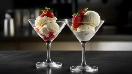 Vanilla and strawberry ice cream served in glasses