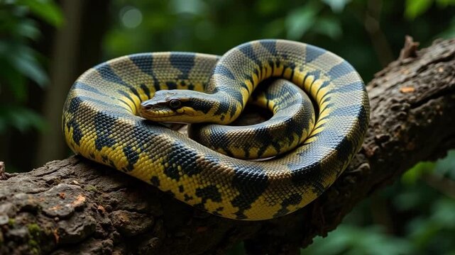 Majestic African Rock Python Coiled on Branch, Shimmering Iridescent Scales in 4K Video, Nature's Beauty, Wildlife, Reptile Wonder
