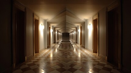 Symmetrical Hotel Corridor with Reflections