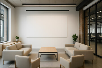 Fototapeta premium Modern office waiting area interior design with sofas and blank canvas