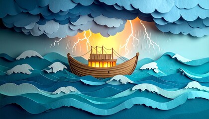 Wooden Boat Sailing Rough Teal Waves Under Dramatic Stormy Sky